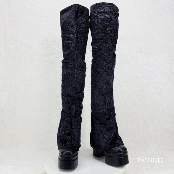 Unique Thigh High Black Velvet Fold over Skirted Chunky Heel Platform Boots - Picture 16 of 17
